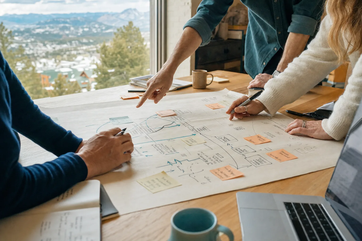 Consultants and a business operator mapping an operational workflow together